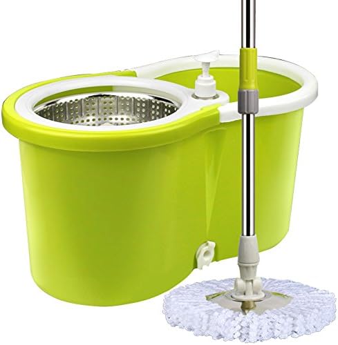 Spin Mop Bucket System Hand Pressure With Removable 2 Microfiber Mop Heads - New Upgraded Deluxe Stainless Steel 360 Rolling EasyWring For Home Hardwood Floor Cleaning Tool - Non Pedal Mopping Sets