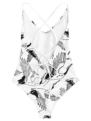 SOLYHUX Women Sexy Push Up Bikini One Piece Crane Print Lace Up Back Swimsuit Black and White XL