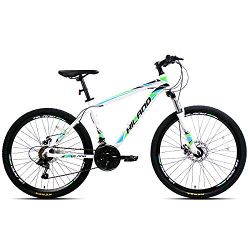 Hiland 26 Inch Mountain Bike Aluminum MTB Bicycle with 17 Inch Frame Kickstand Disc-Brake Suspension Fork Cycling Urban Commuter City Bicycle White Green