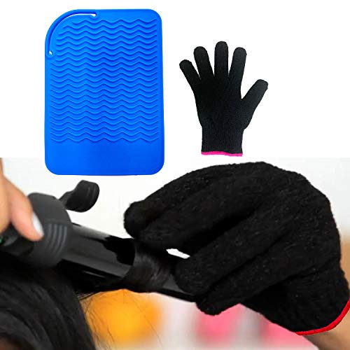 Heat Resistant Mat Pad and Heat Resistant Glove for Curling Irons, Hair Straightener, Flat Irons and Hair Styling Tools 9" x 6.5", Food Grade Silicone, Blue by Lessmon