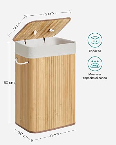 Cesta Portabiancheria con Coperchio, 72 L, Cesto Porta Biancheria in Bamb? Pieghevole, Sacco Rimovibile e Lavabile in Lavatrice, Maniglie, Lavanderia Camera, Naturale LCB10Y