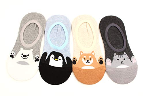 WOWFOOT Women Animal Design No-Show Casual Liner Socks Character Print Non Slip Flat Boat Line 4 Pair (4pairs-hey friends) - Thumbnail 3