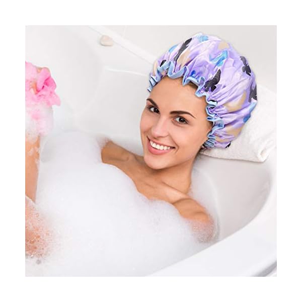 2 Packs Shower Caps for Women Long Hair Reusable Large Butterfly Double Layer Waterproof Bath Cap Bathing Accessories