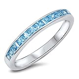 Simulated Aquamarine Princess Cut Eternity Band .925 Sterling Silver Ring Size 6