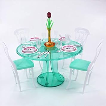 Kewholesale for Barbie Meal Time Furniture Modern Green Transparent Round Dining Table with 4 Set Tablewares Chairs for 1/6 Doll