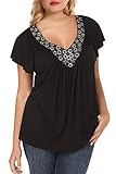 Nemidor Women's Short flutter sleeves Beaded Embelished Plus Size Casual V-neck Top