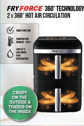 XXL 12.4L Stacked Dual Basket KönigChef Double Drawer Vertical Family Air Fryer, 2800W, FRY FORCE 360°, 10 Presets, Match & Sync, LED Touch Display - ZHAF-968A