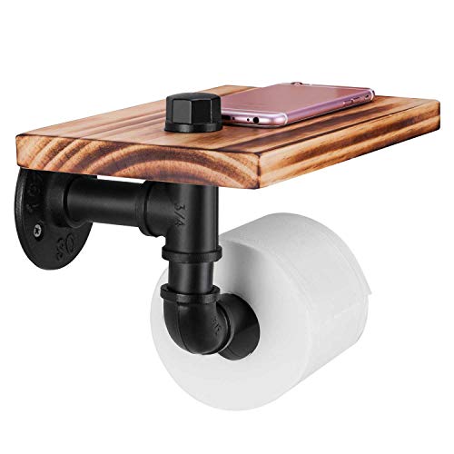 Elibbren Industrial Toilet Paper Holder with Rustic Wooden Shelf and