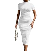 LAGSHIAN Women's Elegant Bodycon High Neck Short Sleeve Ruched Midi Cocktail Dress