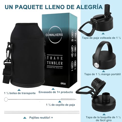 64oz Botella Térmica de Acero Inoxidable de 2 Litros, Termo Grande para Agua Fría de Metal para Mantener Frío, con Pajita y 3 Tapas para Gimnasio, Deportes y Oficina (Crush Indigo, 64oz)