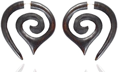 Tibetan Black Wooden Handmade Tribal Wood Fake Guage Stud Earring WER370A
