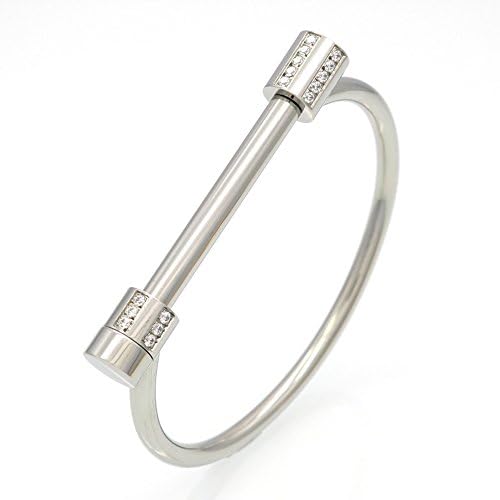 MEALL D shape design Titanium Steel Diamond Screw on shackle style Cuff Bangle Bracelet-Silver