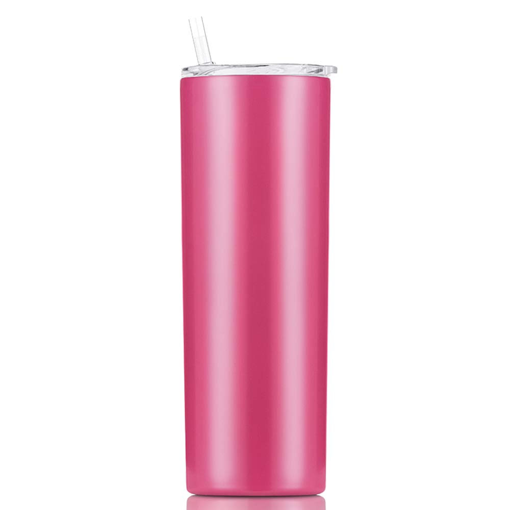 Gteller Double Wall 18/8 Stainless Steel Vacuum Slim Skinny Tumbler with Straw and lid, Insulated Travel Mug Keeping Beverage Cold and Warm (Rose Pink, 20oz)