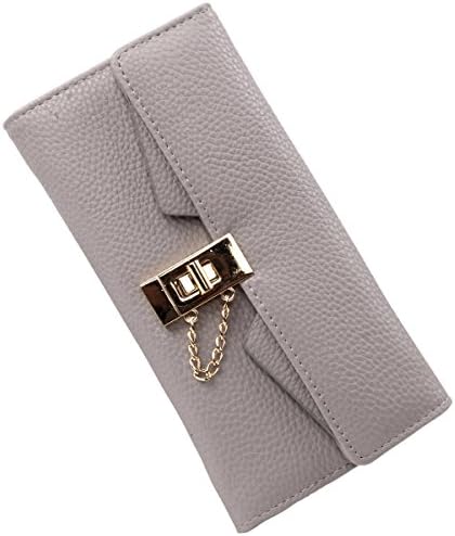 Women's Long Litchi Grain Leather Lock the Chain Card Holder Purse Zipper Hand Bag Wallet (Gray)