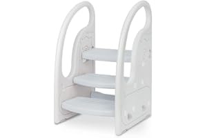 Toddler 3 Step Stool Onasti Kids Standing Tower for Toddlers Plastic Learning Helper Stool for Kitchen Counter Bathroom Sink Toilet Potty Training with Handles and Non-Slip Pads-Grey White