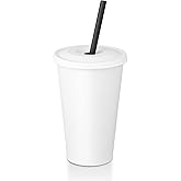 KTOB [16 oz. - 50 sets] Disposable Paper Cups with Paper Lids and Compostable Straws, Eco Friendly Non-Plastic Recyclable Cups with Covers for Iced Coffee