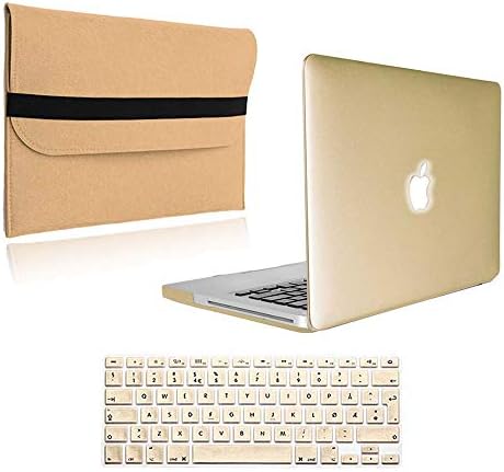 FINDING CASE Apple MacBook White Unibody 13 inch/13" A1342,BUNDLE 3 IN 1 Rubberized Matte Hard Shell Case with Keyboard Skin and Laptop Sleeve Felt Bag (Gold)