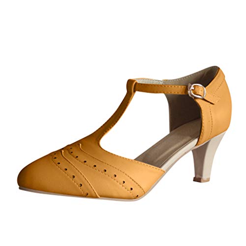 ZOMUSAR Shoes for Women, Womens Fashion Pumps Thick Heel T Type Straps Buckle Beach Shoes Roman Sandals Yellow