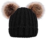 Women's Knitted Beanie Hat Bouble Pompom Ears Faux Fur Hats
