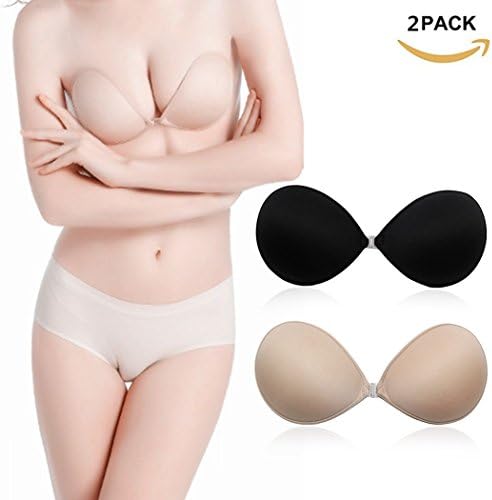 Strapless Bra for Women Adhesive Sticky Bra Backless Silicone Invisible Push-up Bra Reusable (A, Black Nude)