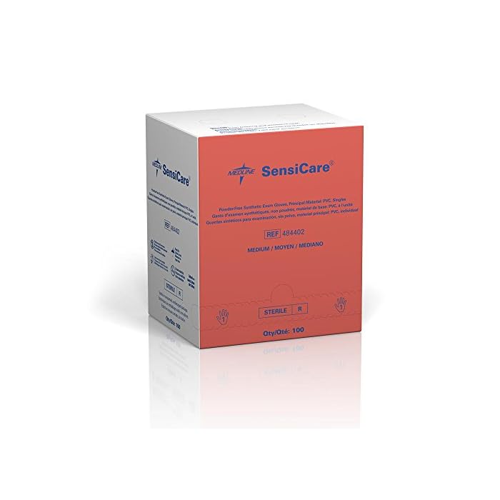 Medline 484402Z SensiCare PF Stretch Vinyl Sterile Exam Gloves, Latex-Free, Medium, Beige (Box of 100)
