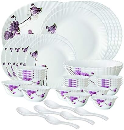 Larah by Borosil Opalware Dinner Set, 33 Pcs, White, New Design (Lily Blossom)