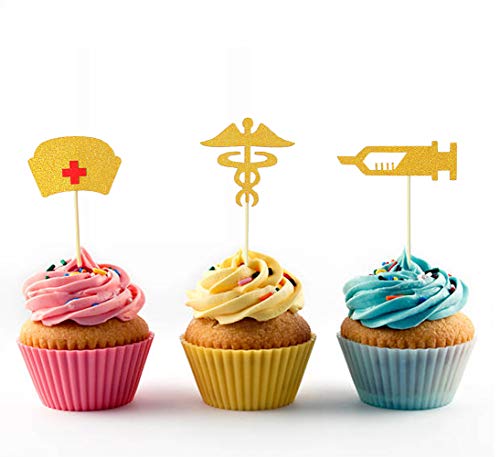 Nursing Graduation Cupcake Toppers Gold Glitter Cake Toppers Food Picks for Nurse Graduation Medical Rn Themed Nursing Grad Party Decorations by Ucity - Thumbnail 2