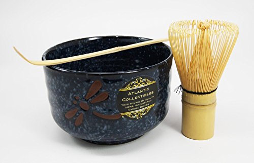 Atlantic Collectibles Traditional Japanese Tombo Dragonfly Blue Matcha Tea Ceremony Set With Wooden Whisk and Spoon