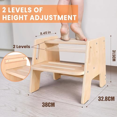Adjustable 2-Step Toddler Step Stools, Wooden Kid Potty Training Stool for Bathroom Sink, Kitchen, Bedroom, Natural 38 * 33 * 31Cm