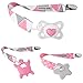 Dodo Babies Pacifier Clip & Teether Toy Set - Four Clips Plus Two Silicone Teether Toys - Universal Holder Fits Most Paci Brands - Fun Pink and Gray Prints for Girls or Boys