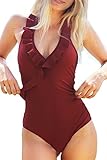 Cupshe Fashion Women's Falbala Hem V neck Halter Padding One Piece Swimsuit