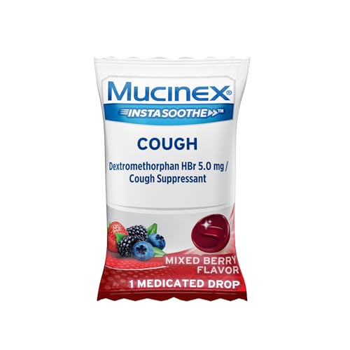 MUCINEX INSTASOOTHE SUGAR FREE COUGH DROPS, COUGH MEDICINE FOR ADULTS WITH DEXTROMETHORPHAN HBR, NON MENTHOL COUGH DROPS, COUGH SUPPRESSANT LOZENGES, MIXED BERRY MEDICATED COUGH DROPS, 40CT