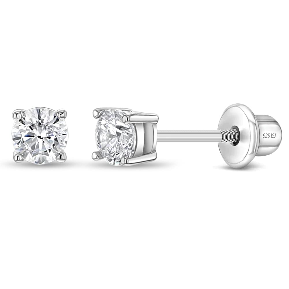925 Sterling Silver Kids 2mm-5mm Clear Cubic Zirconia Round Stud Solitaire Screw Back Earrings for Babies & Toddlers - Baby Girl Earrings with Safety Screw Backs for Infant and Toddler Children