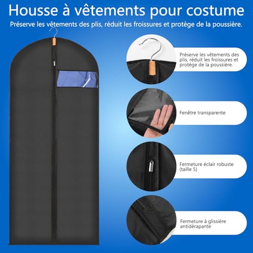 Sevenpers Lot de 6 housses de vêtements anti-mites translucides avec fermeture éclair, imperméables, anti-acariens, respirantes, 60 x 120 cm, noir