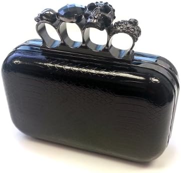 Skull &amp; Stud Knuckle Ring Clasp Clutch Handbag (Black/Black Stone 6.5x5.5x2.25)