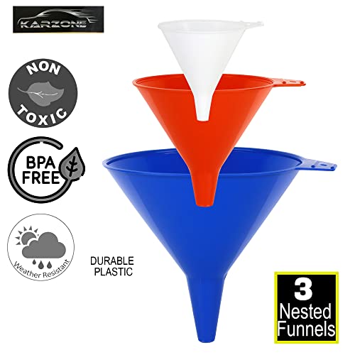 KarZone Oil Funnel Set Pack of 3 Differently Sized Plastic Funnels