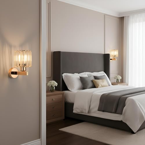 ANWIO Gold Crystal Wall Light, Modern Wall Light with E27 Base, Crystal Glass Wall Lights Interior, Wall Lamp for Bedroom, Kitchen, 2 Units (Bulbs Excluded)
