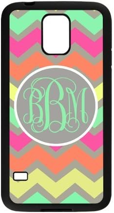 Green Gray Orange Chevron Colorful Zigzags Monogram Green Initials Or Name Personalized Custom Samsung Galaxy S5 Best Rubber &amp; Plastic Case