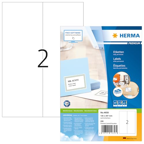 HERMA Self Adhesive Shipping Labels, 2 Labels per A4 Sheet, 100 Sheets, 105 x 297 mm, 200 Labels, Blank Parcel Labels Stickers, Sticky Labels for Laser & Inkjet Printer, White