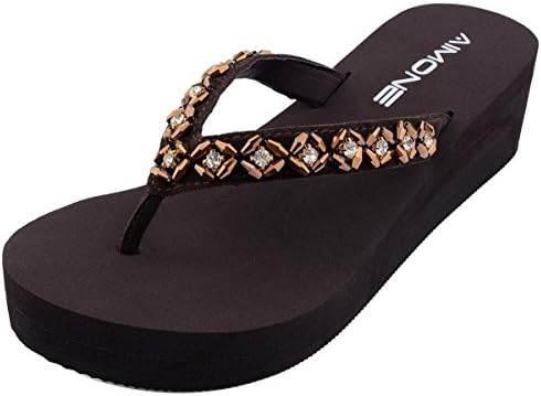 AIMONE Womens Habib Flower Crystal Mid Heel Flip Flop Sandals(6 B(M) US,Coffee)