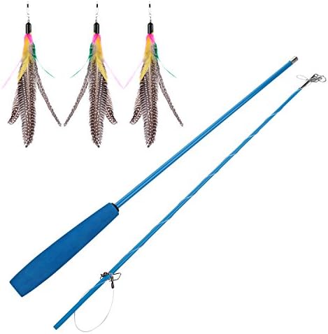 Etrech Cat Feather Toy, Blue Wand with 3 Piece Same Teaser Catcher Feather, Perfect Teaser for Exercising Kitten or Cat