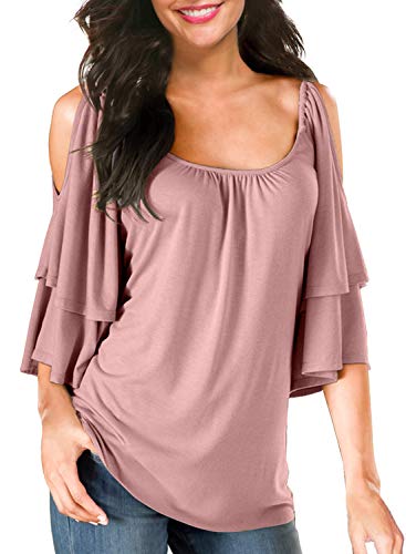 BBX Lephsnt Women's Summer Cold Shoulder Ruffle Sleeve Loose Stretch Tops Tunic Blouse Shirt Pink