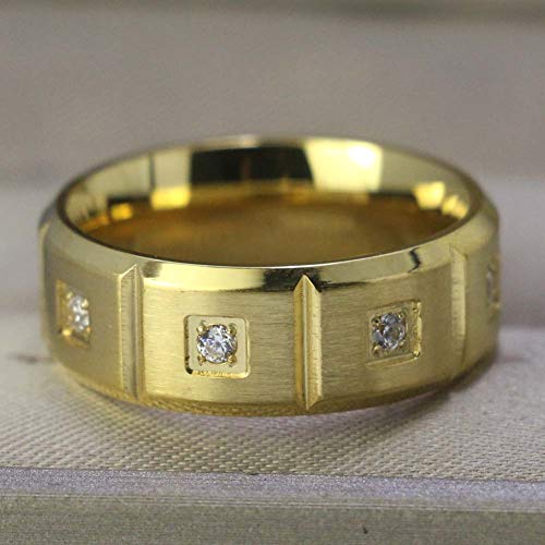 mensring Matte Yellow Gold Plated 8mm Titanium Steel Mens Ring 8pcs Cz Wedding Band Man Ring