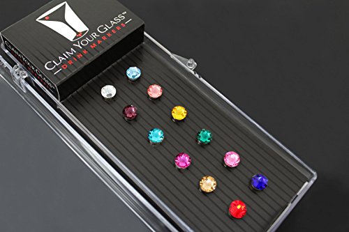 SWAROVSKI CRYSTAL Magnetic Wine Glass Charms (Set of 12) by Claim Your Glass - Premium Drink Markers for Wine, Champagne, Beer, Cocktail Glasses - Includes Storage Case + Spare Magnet
