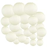 Just Artifacts Decorative Round Chinese Paper Lanterns 24pcs Assorted Sizes (Color: Ivory)