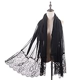 RiscaWin Lady New Fashion Contracted Style Both Ends Floral Lace Soft Scarf Spring Shawl Black
