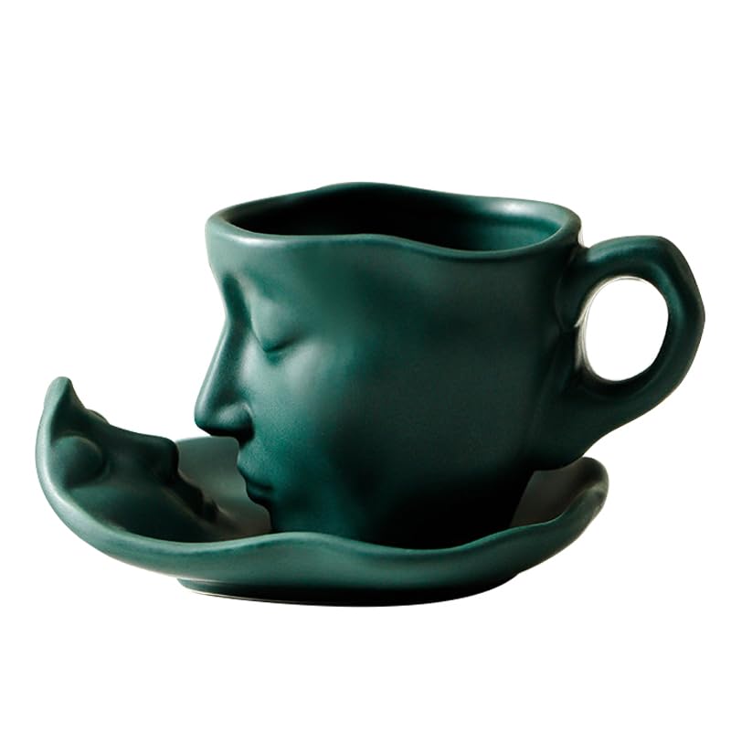 soulnioi Ceramic Tea Cup and Saucer Set Human Face Kissing Couple Coffee Mug Teacup (260ml), Creative Gift for Friends/Family (Green)