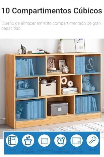 Librero de 10 Compartimentos, 3 Repisas Librero Organizador, Librería Cubby Sencilla Beige, Librería Vertical de Pie Para Exposición, Almacenaje, para Sala,Oficina,Dormitorio, 120*104*24 CM