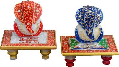 Traditional Rajasthan Combo of Marvellous Marble Ganesh Idol with Peacock design and Swastik Design CHowki puja articles Rajasthani Handicrafts Art Antique Decorative Unique all occasion Gift product_MPC003