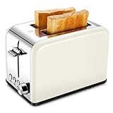 Compact Small Bread Bagel Toasters 2 Slice, Wide Slot Stainless Steel Kitchen Toaster, Cream